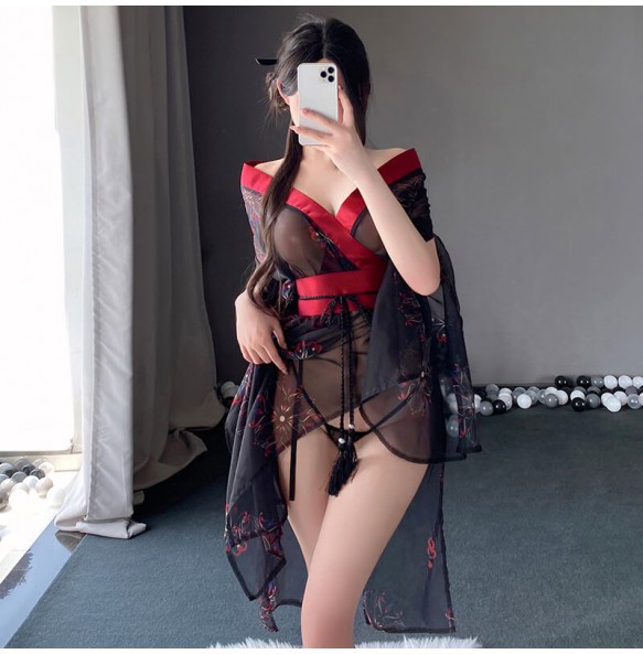 FEE ET MOI - Sexy Japanese Floral Print Kimono (Black Red)